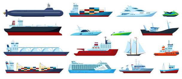 Barcos de mar plano. Cruzeiro, navio de carga, iate, veleiro, rebocador, lancha, submarino, barco de pesca. Conjunto de vetores de transporte oceânico - Vetor, Imagem