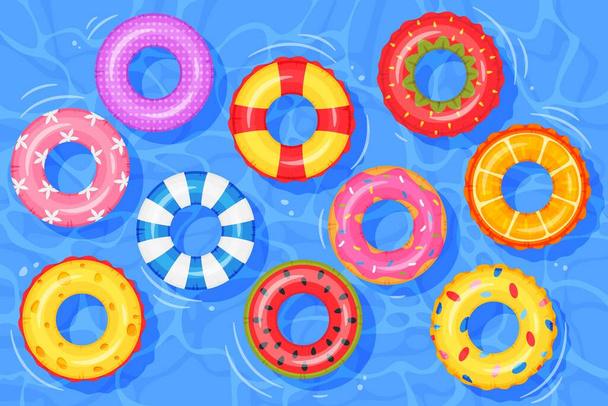 Felfújható gyűrűk a vízen. Top view medence úszó gumi gyerek játékok. Színes úszógyűrű, mentőbója vektor illusztráció - Vektor, kép