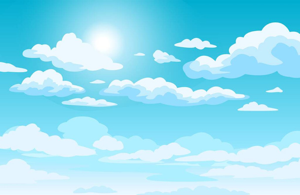 Błękitne niebo z chmurami. Anime tło stylu świecące słońce i białe puszyste chmury. słoneczny dzień niebo scena kreskówka wektor ilustracja - Wektor, obraz