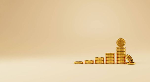 US-Dollar realistische Münzen stapeln und fallen für die Erhöhung auf gelbem Hintergrund mit Kopierraum, Geld sparen und Business Profit-Konzept durch 3D-Rendering-Technik. - Foto, Bild