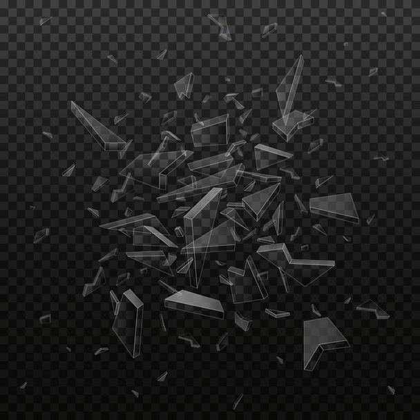 Vektor Scherben von Glasscherben. Zersplitterte Glasstücke isoliert auf schwarzem Hintergrund. Abstrakte Explosion - Vektor, Bild