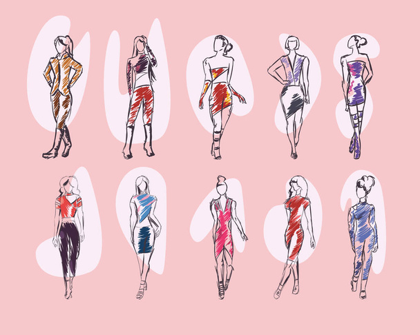 set of women with fashion clothes - Vector, Image