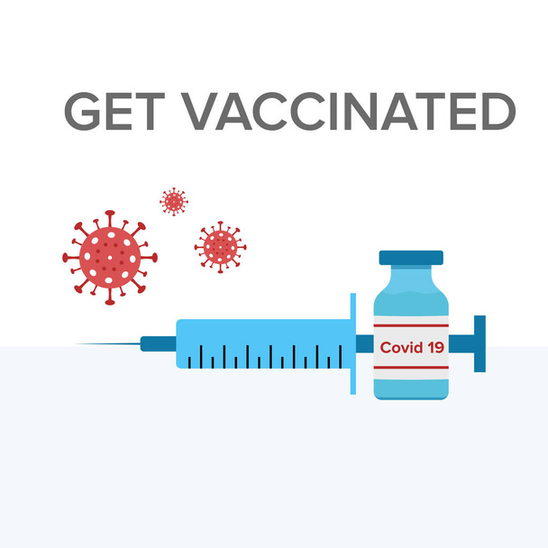 Отримати Вакцинація дизайн ілюстрації з коронавірусом, шприцом та ін'єкційною ілюстрацією
 - Вектор, зображення
