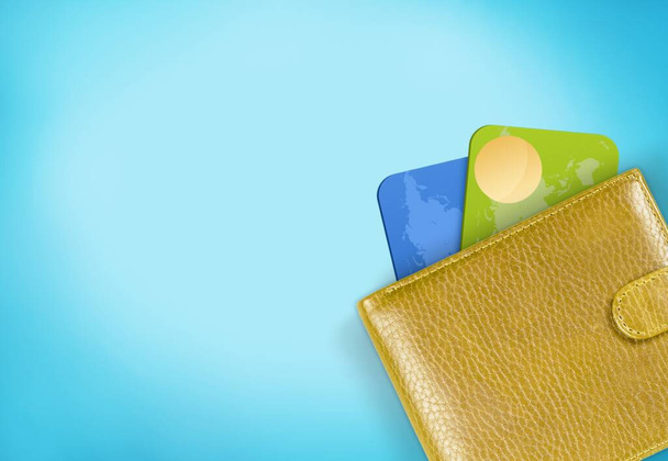A credit card in a stylish modern wallet on desk background. - Foto, Imagem