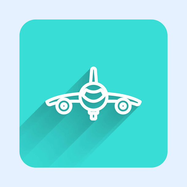 Witte lijn Vlak pictogram geïsoleerd met lange schaduw achtergrond. Vliegend vliegtuig icoon. Vliegtuigteken. Groene vierkante knop. Vector - Vector, afbeelding