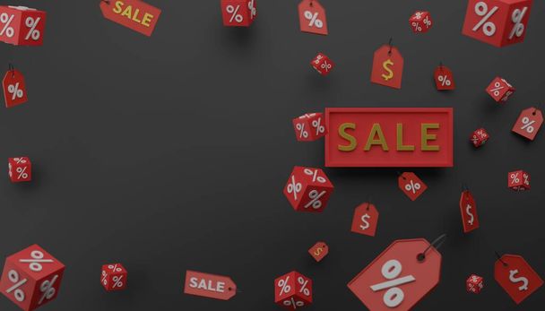 В продаже знак скидки с процентами и долларом на красной кубической и ценник 3D рендеринга иллюстрации - Фото, изображение