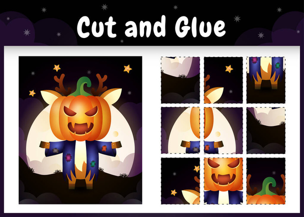 Kinder-Brettspiel schneiden und kleben mit einem niedlichen Hirsch im Halloween-Kostüm - Vektor, Bild