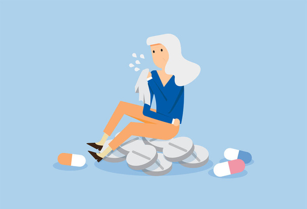 Old woman with many illnesses and pills - Vector, Image