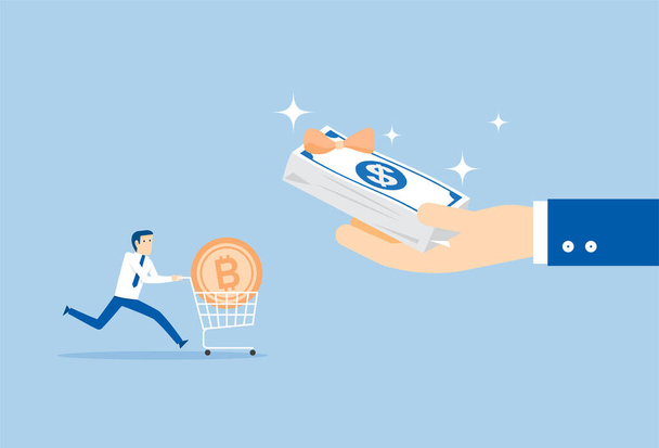 A businessman who is excited to exchange bitcoin for money - Vector, Image