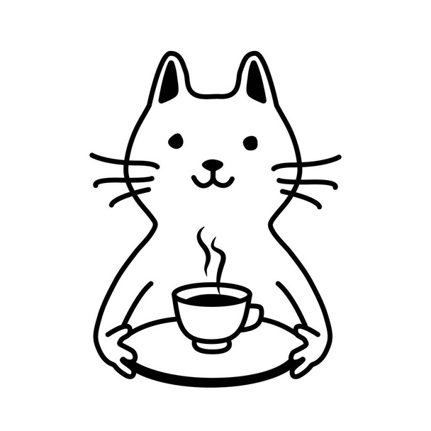 かわいい笑顔の猫は、トレイでコーヒーや紅茶を提供しています。ベッドでコーヒー。白を基調としたシンプルなアニマリズム的な黒と白のリニアなドアイラスト。コーヒータイム. - ベクター画像
