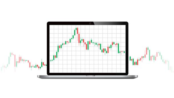 ノートパソコンの画面上の取引グラフ,株式市場を投資,売買サイン燭台,ベクトルイラスト  - ベクター画像
