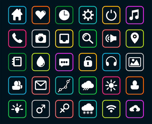 Modern flat icons vector set with long shadow effect in stylish colors of web design objects, business, office and marketing items. Isolated on black background. - Вектор, зображення