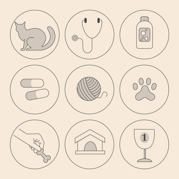 Conjunto de iconos vectoriales lineales minimalistas. Animales, mascotas, medicina veterinaria, tratamiento y cuidado. Aseo, medicina, comida. Iconos para una tienda zoológica o clínica veterinaria. - Vector, Imagen