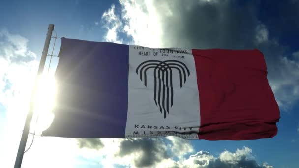 Kansas şehir bayrağı, Amerika Birleşik Devletleri ya da Amerika Birleşik Devletleri, mavi gökyüzünde rüzgarla dalgalanan - Video, Çekim