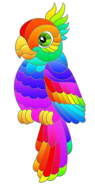 Иллюстрация в стиле витража с ярким мультяшным попугаем, животное изолировано на белом фоне - Вектор,изображение