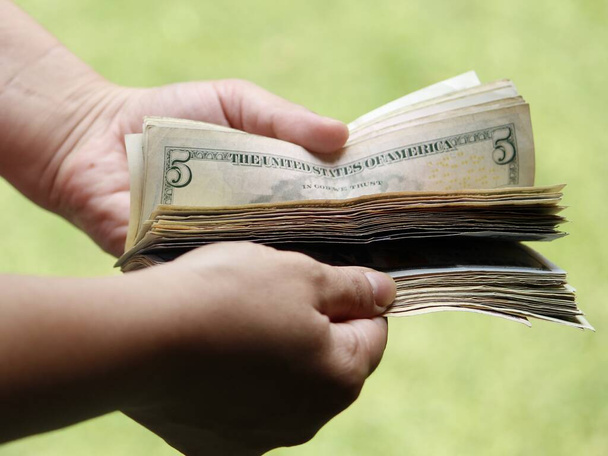 mão de uma mulher segurando e contando notas de dólar americano - Foto, Imagem
