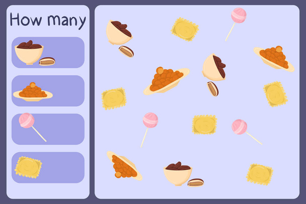 Kinderen wiskundige mini-spel - tellen hoeveel voedsel - data, falafel, snoep, ravioli. Educatieve spelletjes voor kinderen. Cartoon ontwerp sjabloon op kleurrijke achtergrond. - Vector, afbeelding
