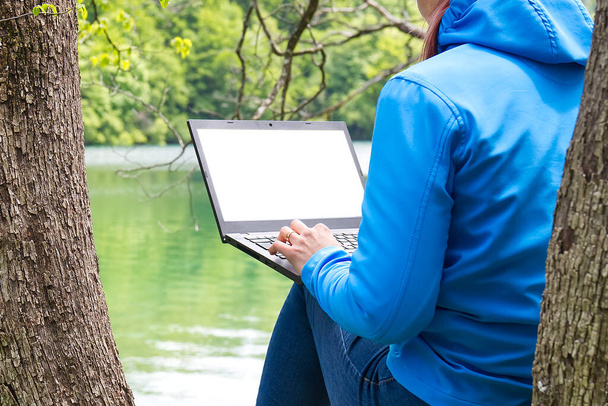 Young woman, female freelancer working with laptop with Beautiful view of forest and lake. - Photo, Image