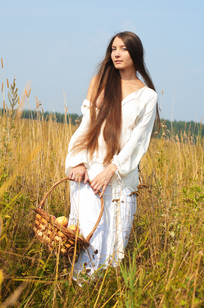Beautiful woman with busket at the summer field - Foto, afbeelding
