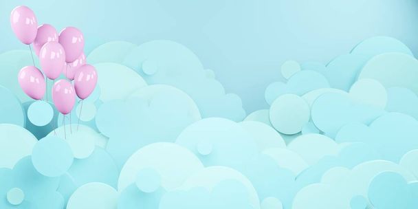 cielo nuboso y globos flotando en el cielo papel corte estilo 3D ilustración - Foto, Imagen