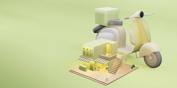 Dessert shop model coffeeshop restaurant bezorgservice cartoon afbeelding 3D illustratie - Foto, afbeelding
