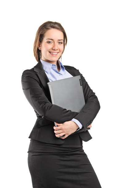 Businesswoman hugging laptop - Фото, изображение