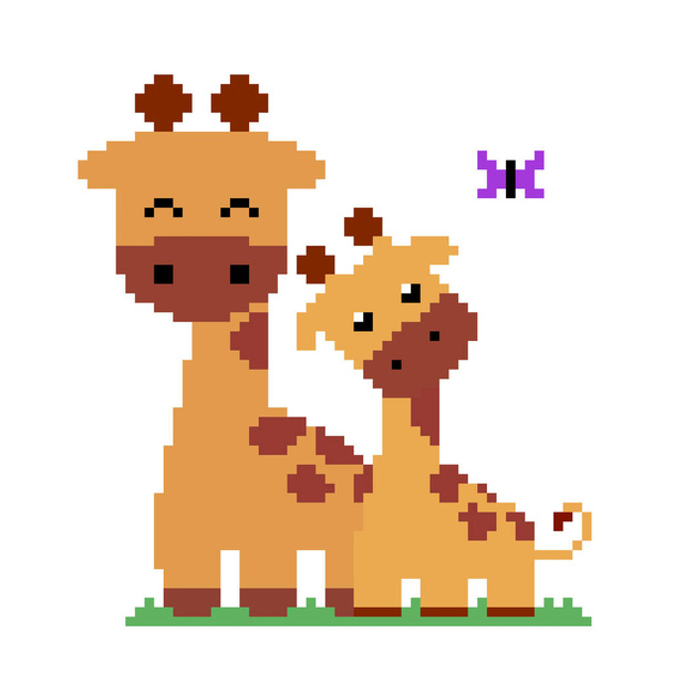 Madre jirafa y patrón de cachorros. Imagen de jirafa para camiseta infantil. Pixel arte vector ilustración. - Vector, Imagen