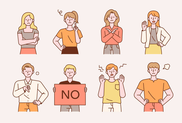 Collection of people characters with rejection gestures and facial expressions. flat design style minimal vector illustration. - Vector, Image