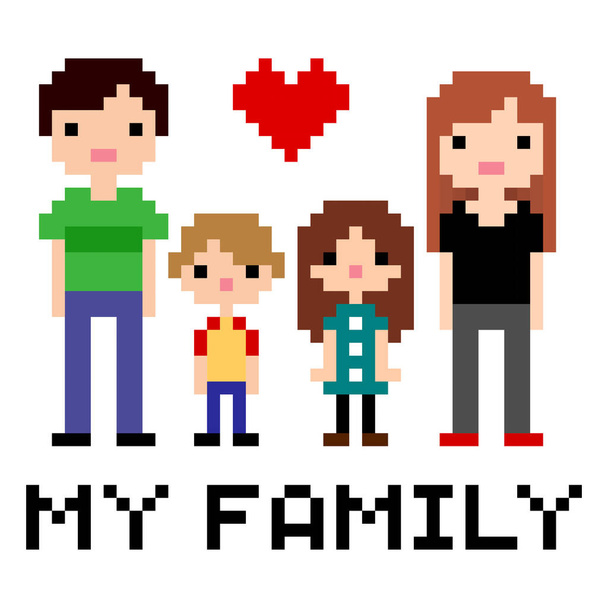 Liebe meine Familie. Pixel Eltern und Kinder Bild. Vektor-Illustration der Pixelkunst. - Vektor, Bild