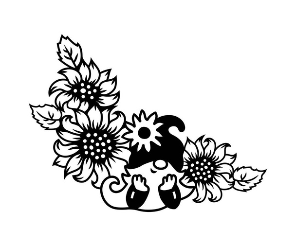 Gnome wuth sunflowers or daisy flowers on white background. Vector illustration. - Vector, imagen