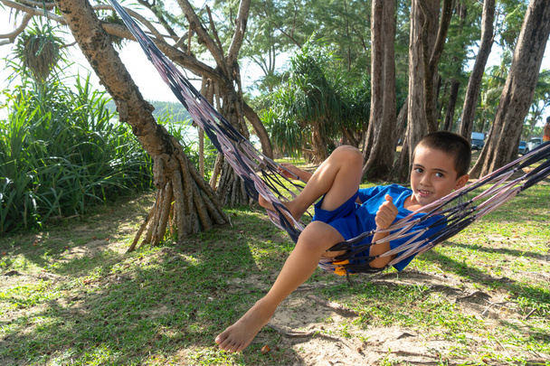 青い服を着た少年が海のそばの松の木陰でハンモックでリラックス - 写真・画像