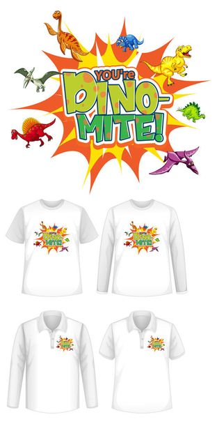 Шрифт Dino Mite и логотип персонажа мультфильма Dinor с иллюстрациями различных типов рубашек - Вектор,изображение