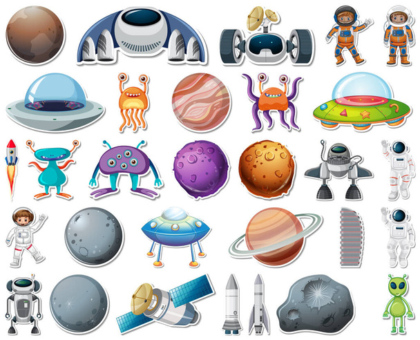 Conjunto de pegatinas con ilustración aislada de objetos del sistema solar - Vector, imagen