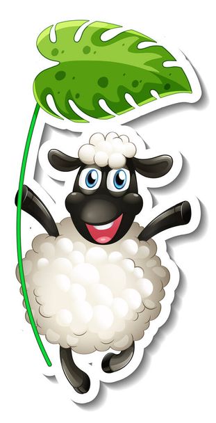 Sticker template with cartoon character of a sheep holding a leaf isolated illustration - Vector, Image