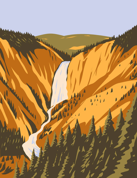 Плакатное искусство Нижнего Йеллоустонского водопада, самого большого водопада в Скалистых горах в Йеллоустонском национальном парке, штат Вайоминг США, выполнено в стиле администрирования работ. - Вектор,изображение