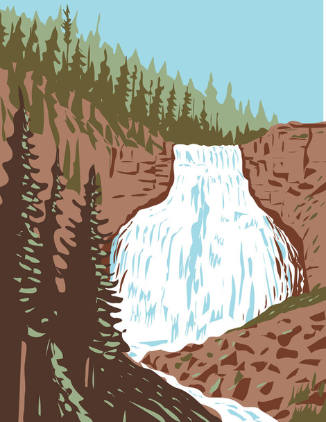 Плакат WPA "Rustic Falls on Glen Creek within Yellowstone National Park, Wyoming, United States of America" выполнен в стиле администрирования проектов или федерального художественного проекта. - Вектор,изображение