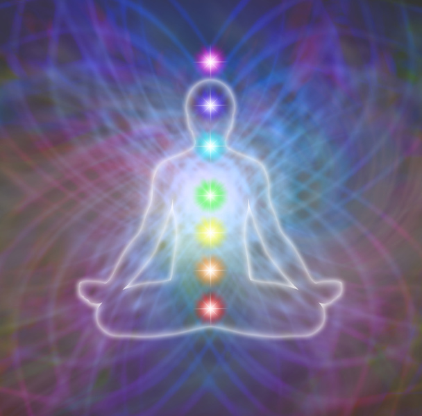 Chakra meditation on energy matrix web - Photo, Image