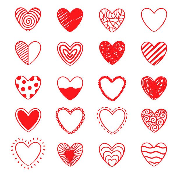 Vektor-Set roter handgezeichneter Herzen. Handgezeichnete, auf weißem Hintergrund isolierte Doodle-Elemente. - Vektor, Bild