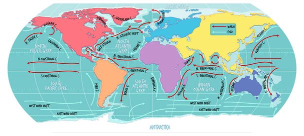 Az óceán jelenlegi világtérkép nevekkel illusztrálva - Vektor, kép