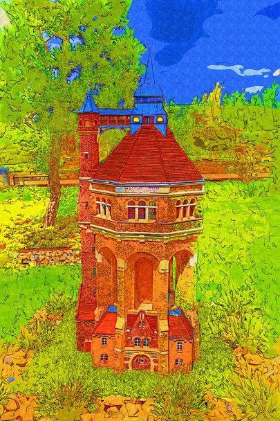De watertoren op Sudecka Street in Wroclaw, 63 meter hoog, ontworpen door Karl Klimm. Gebouwd 1904-1905, gelegen in Borek, het district Krzyki, Wroclaw, Polen. - Foto, afbeelding