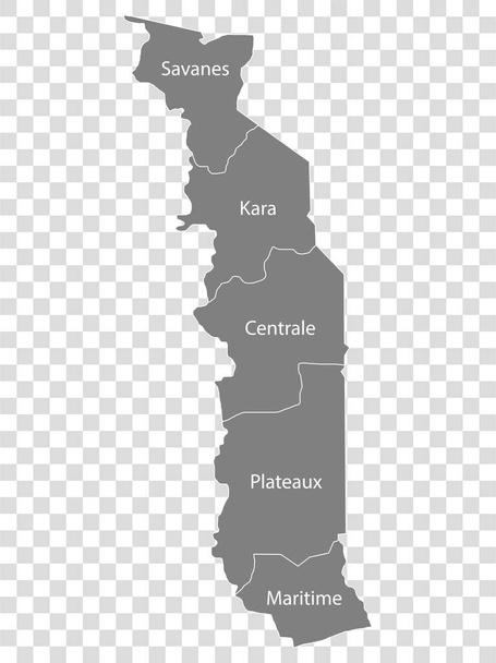 Togo Cumhuriyeti 'nin gri haritası. Bütün bölge haritaları başlıklarla dolu. Tasarımınız için şeffaf bir arka planı olan yüksek kaliteli Togo haritası. Afrika. EPS10. - Vektör, Görsel