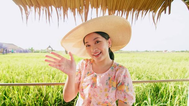 vrouw in hoed op video oproep tonen rijst veld met gelukkige dag in de zomer. - Foto, afbeelding