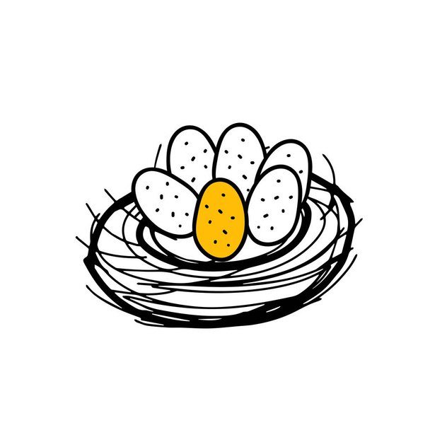 A Hand drawing black vector Illustration of a bird nest with a group of one yellow and five white eggs isolated on a white background - Vector, Image
