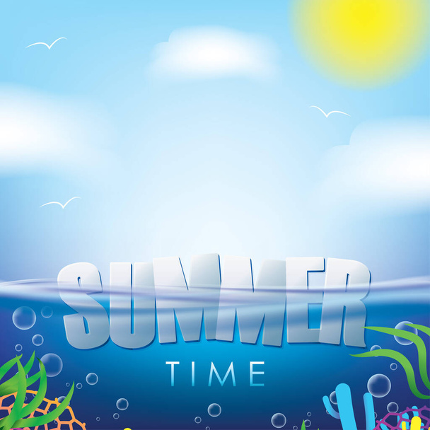 Sommerzeit Urlaub Illustration mit Typografie Buchstabe auf blauem Meer und Himmel Hintergrund. Sommervektordesign für Banner, Flyer, Einladung, Broschüre - Vektor, Bild