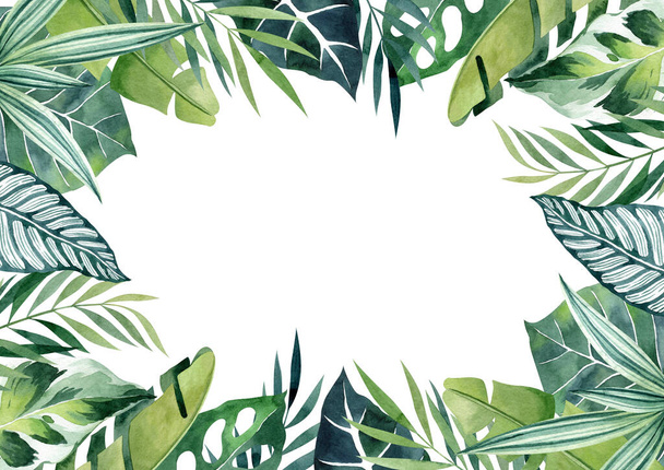 熱帯の葉はコピースペースと水彩長方形のフレーム。結婚式の招待状のための国際紙サイズの国境、日付カード、誕生日カードを保存します。ジャングルの葉で手描きイラスト. - 写真・画像