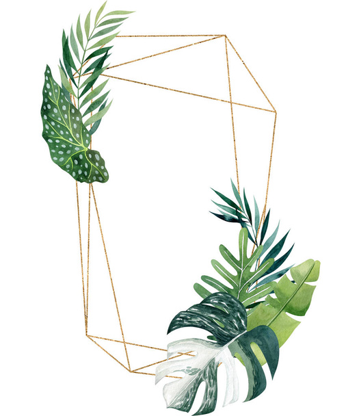 Goldener geometrischer Rahmen mit tropischen Blättern in Aquarell auf weißem Hintergrund. Rechteckige Bordüre für Hochzeitseinladungen, Geburtstagskarten, speichern Sie das Datum. Handgezeichneter Cliparts mit Dschungel-Blättern - Foto, Bild