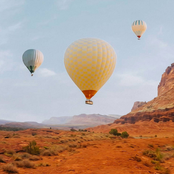 Warme luchtballonnen boven de Texas woestijn. Olieverf imitatie. 3D illustratie. - Foto, afbeelding