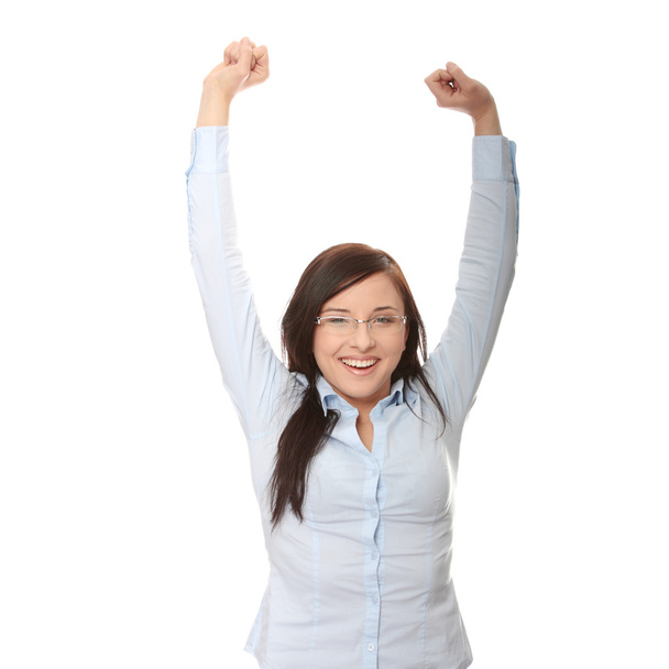 Young caucasian businesswoman with big smile and hands up, isolated on white background - Valokuva, kuva