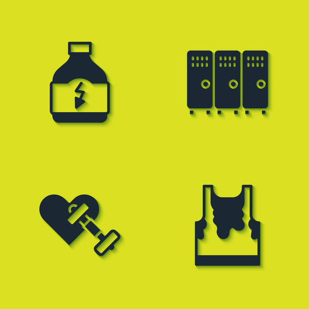Set Sports nutrition, Sweaty sleeveless t-shirt, Dumbbell with heart and Locker changing room icon. Vector - Vector, Image