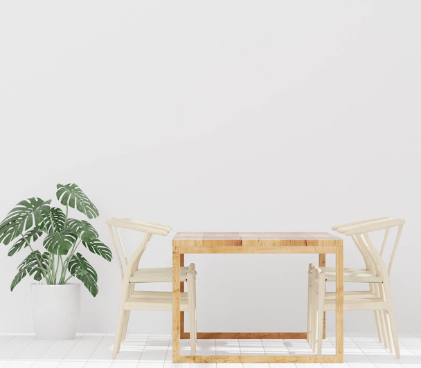 Sala de estar y pared blanca, gran ventana, juego de mesa de madera, estilo minimalista, se burlan y copian la pared del espacio - 3d renderizado - - Foto, imagen